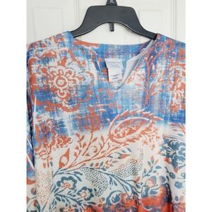 Morning Sun Tunic Top Blue Orange Floral Paisley Rhinestone Embellished XL